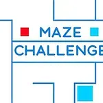 Nápis Maze Challenge v modro-bielej farebnej schéme s prvkami bludiska a červenými a modrými štvorcami