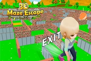 Dieťa postava v bludisku s nápisom EXIT a logom 3D Maze Escape