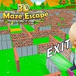 Dieťa postava v bludisku s nápisom EXIT a logom 3D Maze Escape