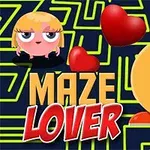 Žltá postavička s veľkými očami a mladou postavičkou v bludisku, s červenými srdiečkami a nápisom MAZE LOVER