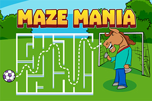 Názov Maze Mania nad obrázkom s bludiskom, futbalovou loptou a postavou koňa v športovom oblečení