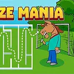 Názov Maze Mania nad obrázkom s bludiskom, futbalovou loptou a postavou koňa v športovom oblečení