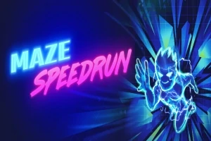 Svietiaci nápis MAZE SPEEDRUN v modrej a ružovej farbe vedľa obrysu bežiacej postavy s futuristickým pozadím
