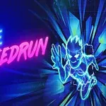 Svietiaci nápis MAZE SPEEDRUN v modrej a ružovej farbe vedľa obrysu bežiacej postavy s futuristickým pozadím