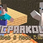 Dve pixelové postavy sedia na drevenej plošine nad lávou s textom MCPARKOUR Noob & Noob Baby