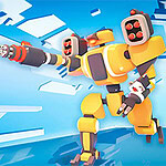 Žltý robot s modernými zbraňami na modrom futuristickom pozadí s malými robotmi v pozadí