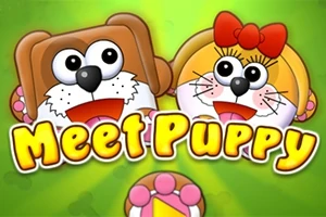 Dvaja kreslení psi s veľkými očami a farebnými ušami na zelenom pozadí, so slovami Meet Puppy v popredí