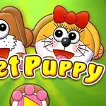 Dvaja kreslení psi s veľkými očami a farebnými ušami na zelenom pozadí, so slovami Meet Puppy v popredí