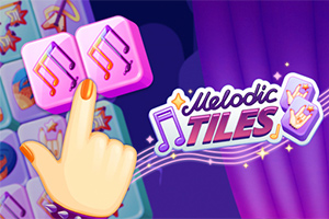 Ruka ukazujúca na fialové kocky s hudobnými notami na fialovom pozadí s nápisom Melodic Tiles
