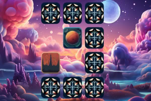 Farebné oblaky a planéty na fantastickej oblohe s geometrickými symbolmi v popredí