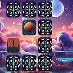 Farebné oblaky a planéty na fantastickej oblohe s geometrickými symbolmi v popredí
