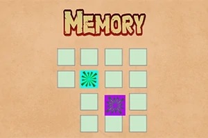 Dvanásť zelených štvorcov, z ktorých jeden má tyrkysový vzor a druhý fialový vzor, s nápisom MEMORY hore, na béžovom pozadí