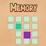 Dvanásť zelených štvorcov, z ktorých jeden má tyrkysový vzor a druhý fialový vzor, s nápisom MEMORY hore, na béžovom pozadí