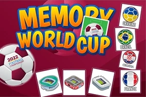 Farebné logo Memory World Cup s futbalovou tématikou a rôznymi obrazmi štadiónov a národných vlajok na červenom pozadí
