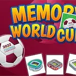 Farebné logo Memory World Cup s futbalovou tématikou a rôznymi obrazmi štadiónov a národných vlajok na červenom pozadí
