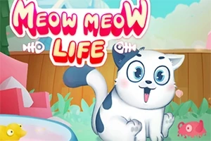 Roztomilá animovaná mačka s modro-bielym sfarbením sedí na záhrade s názvom Meow Meow Life v ružovo-červenom písme nad ňou