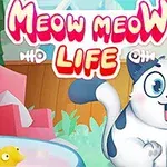 Roztomilá animovaná mačka s modro-bielym sfarbením sedí na záhrade s názvom Meow Meow Life v ružovo-červenom písme nad ňou