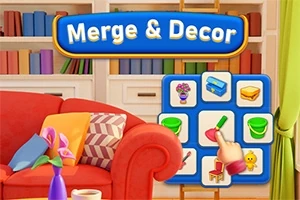 Označenie Merge & Decor so scénou obývačky s červeným gaučom a farebnými vankúšmi, pred ktorým je hracia mriežka s rôznymi ikonami predmetov