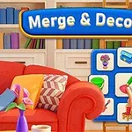 Označenie Merge & Decor so scénou obývačky s červeným gaučom a farebnými vankúšmi, pred ktorým je hracia mriežka s rôznymi ikonami predmetov