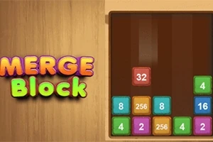 Farebný text Merge Block vedľa hracej plochy s číselnými blokmi na drevenom pozadí
