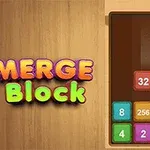Farebný text Merge Block vedľa hracej plochy s číselnými blokmi na drevenom pozadí