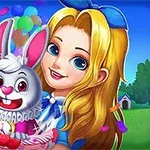 Mladá dievčina s dlhými blond vlasmi drží bieleho králika s hodinkami na farebnom pozadí s balónikmi a konfetami