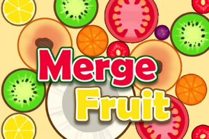Farebné plátky ovocia, ako citróny, kiwi, paradajky a pomaranče, s nápisom Merge Fruit v strede