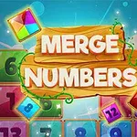 Farebná grafika s číslami na kockách a veľkým nápisom MERGE NUMBERS na drevenej tabuli uprostred