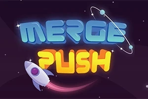 Farebný nápis „MERGE PUSH“ na tmavom pozadí so štartujúcou raketou a ozdobnou grafikou planéty