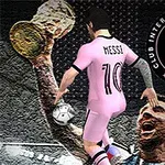 Futbalista v ružovom drese s číslom 10 a nápisom Messi na chrbte pred logom klubu Inter Miami CF a vyobrazením trofeje