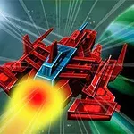 Červená futuristická vesmírna loď s modrými akcentmi vystreľujúca žltý lúč vo vesmíre