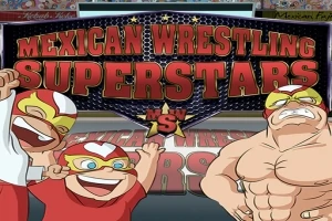 Animovaní zápasníci v mexických maskách pózujú pred nápisom Mexican Wrestling Superstars