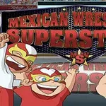 Animovaní zápasníci v mexických maskách pózujú pred nápisom Mexican Wrestling Superstars