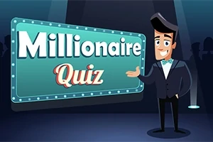 Animovaná postava v obleku stojí vedľa osvetlenej tabule s nápisom Millionaire Quiz