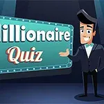 Animovaná postava v obleku stojí vedľa osvetlenej tabule s nápisom Millionaire Quiz