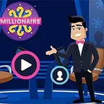 Kreslený moderátor v obleku a motýliku stojí na pódiu vedľa dvoch prázdnych kresiel a veľkého tlačidla so symbolom prehrávania, s farebným logom MILLIONAIRE nad ním