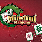Červené pozadie s dlaždicami a nápisom Mindful Mahjong obklopený zeleným drakom