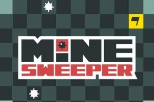 Názov Mine Sweeper s ikonami mín na šachovnicovom pozadí a žltým číslom v rohu