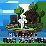 Postava v bielom brnení na lietajúcom ostrove s dreveným domčekom, stromami a farebnými kockami na modrom pozadí s textom MINEBLOCK HOOK ADVENTURE