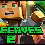 Postava s hnedými vlasmi drží baterku a zlaté tehličky, s nápisom MINECAVES 2 v popredí