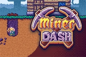 Postava baníka kopajúceho pod zemou vedľa drevenej chaty s logom Miner Dash