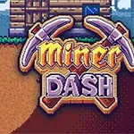 Postava baníka kopajúceho pod zemou vedľa drevenej chaty s logom Miner Dash