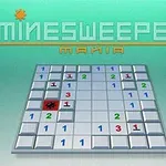 Hra so štvorcovou sieťou čísel a označenou mínou na sivom pozadí s nápisom MINESWEEPER MANIA