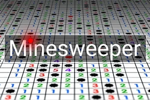 Mriežka s číslami a mínami s prekrývajúcim textom Minesweeper