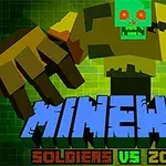 Veľký blokový zelený zombie postoj s nápisom MINEWAR: SOLDIERS VS ZOMBIES na zeleno-čiernom pozadí
