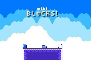 Nad pixelovým modro-bielym pozadím s oblakmi je nápis Mini Blocks!