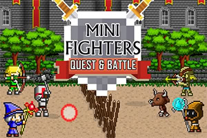 Pixelartový plagát s nápisom „MINI FIGHTERS: QUEST & BATTLE, na ktorom malé postavy bojovníkov čarujú a bojujú pred hradom a stromami