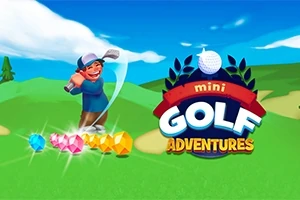 Karikatúrna postava hráča minigolfu švihá palicou na zelenej lúke obklopenej farebnými drahokamami, vedľa loga s nápisom mini GOLF ADVENTURES