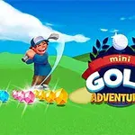 Karikatúrna postava hráča minigolfu švihá palicou na zelenej lúke obklopenej farebnými drahokamami, vedľa loga s nápisom mini GOLF ADVENTURES