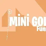 Text Mini Golf Funny na oranžovom pozadí s grafickým prvkom loptičky a stopy